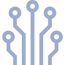 Stylized electronic circuit icon with a central line branching out to five connection points.