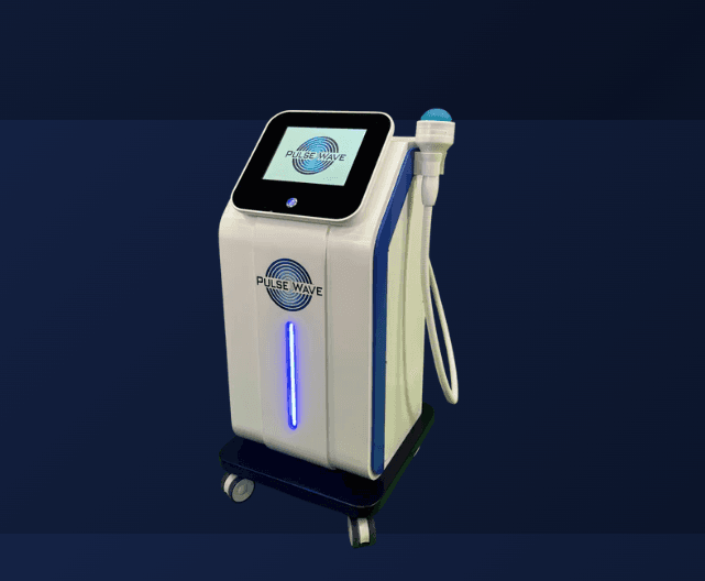 Professional medical equipment for shockwave therapy, focused on the applicator head against a blurred, clean clinical background, high-tech and modern, soft lighting.